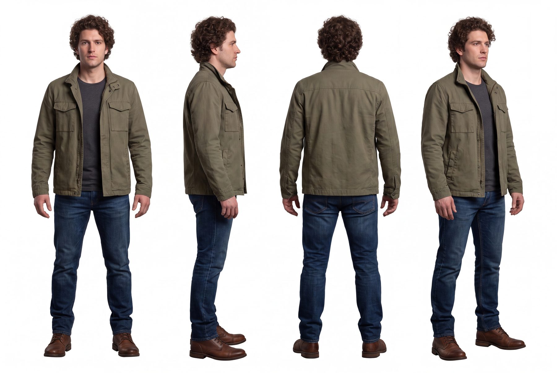 Character sheet: the lead in a green jacket, front, side and back views